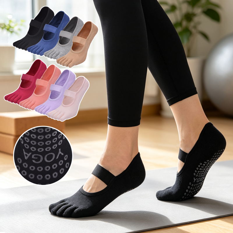 Yoga Mat - Damen-Fünf-Zehen-Anti-Rutsch-Pilates-Socken, Damen-Bandage-Yoga-Socken, Fitness-Ballett-Baumwollsocken ohne Rückseite für
